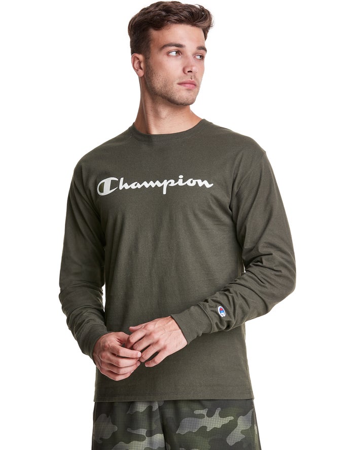 Champion Classic Long-Sleeve Script Logo T-Shirt Heren - Olijfgroen - Belgie 8407CNOPG